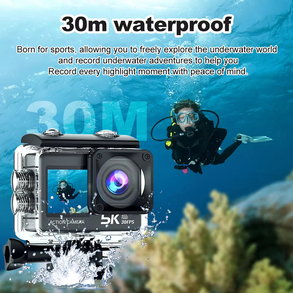 MatroDive Action Camera with 30m waterproof feature, displayed underwater with a diver.