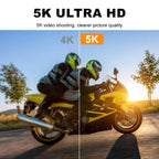 Comparison of 4K and 5K video quality on a motorcycle with 'MatroDive Action Camera 5K ULTRA HD' text.