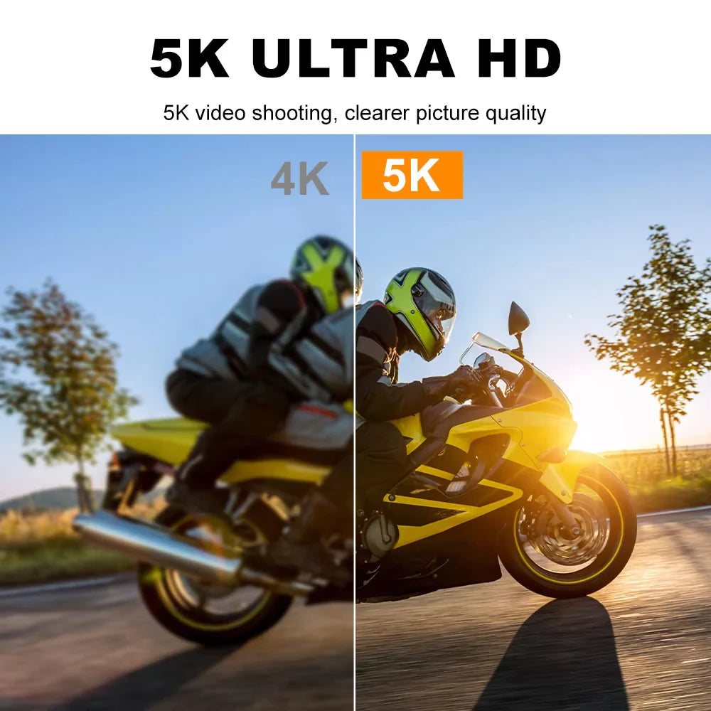 Comparison of 4K and 5K video quality on a motorcycle with 'MatroDive Action Camera 5K ULTRA HD' text.