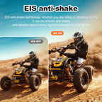 Two ATV riders on a dirt track with EIS anti-shake technology text overlay.
