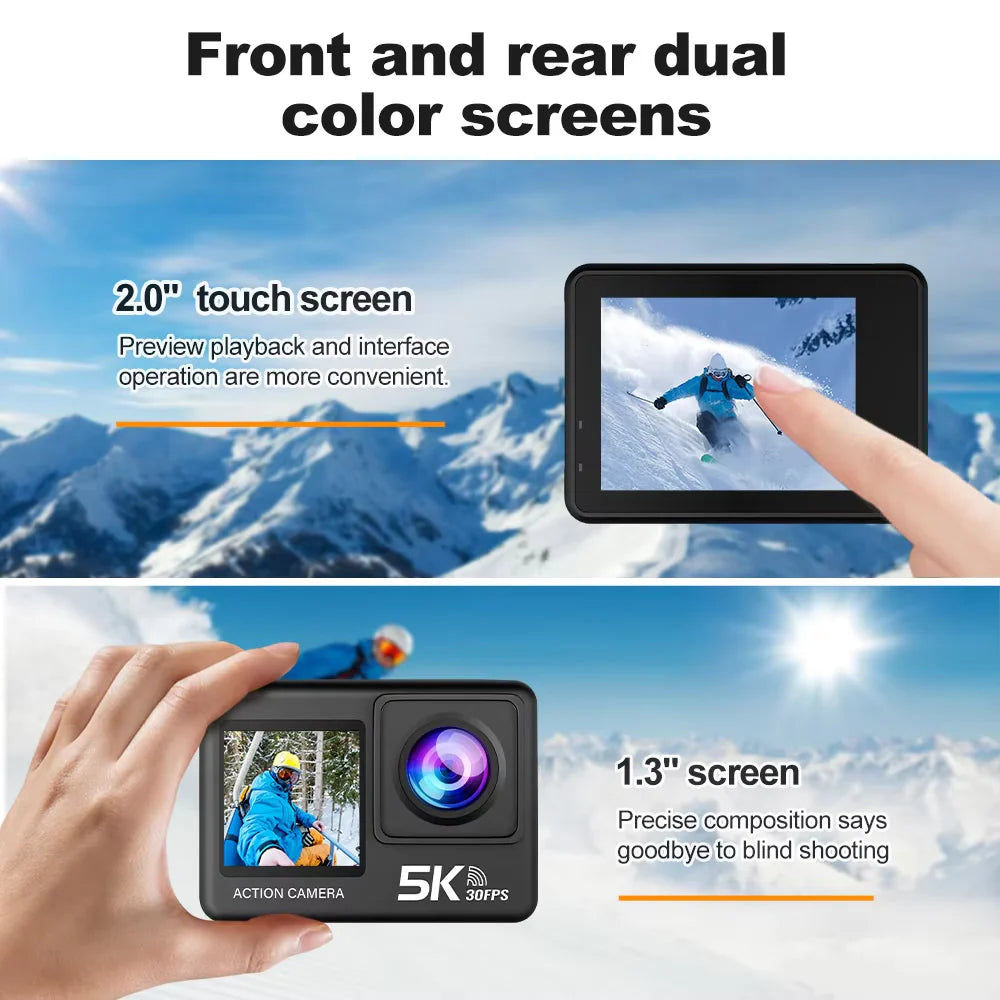 MatroDive Action Camera with dual color screens and touch screen interface against a snowy mountain background.