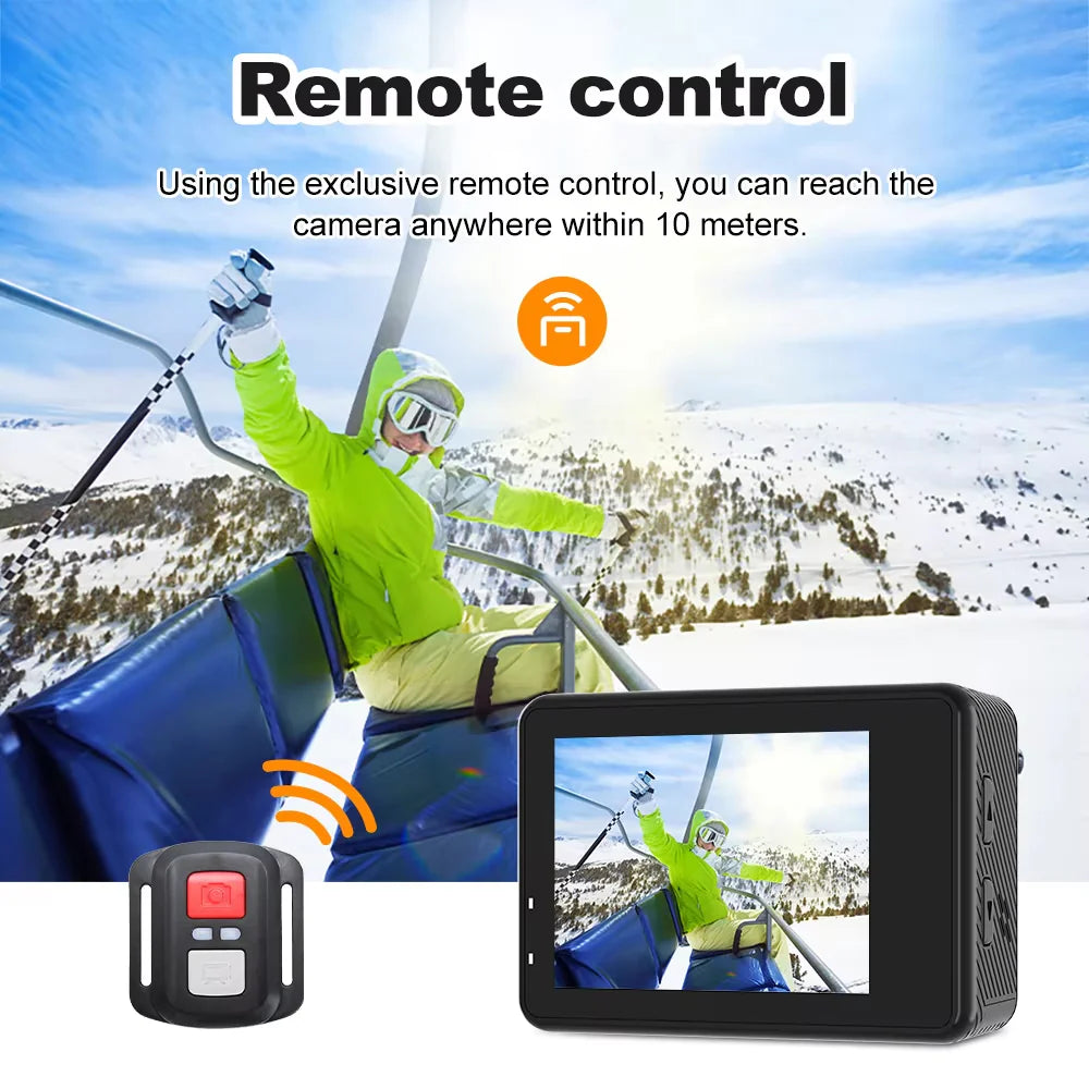MatroDive Action Camera with remote control on a snowy mountain background