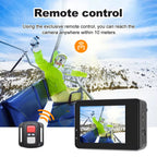 MatroDive Action Camera with remote control on a snowy mountain background