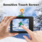 Person using a touchscreen MatroDive Action Camera with a snowy landscape and skier in the background