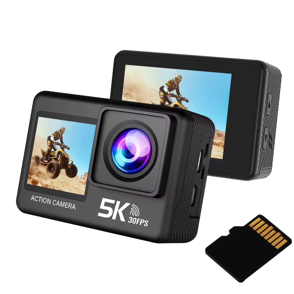 MatroDive camera with two screens and a SD card on a white background