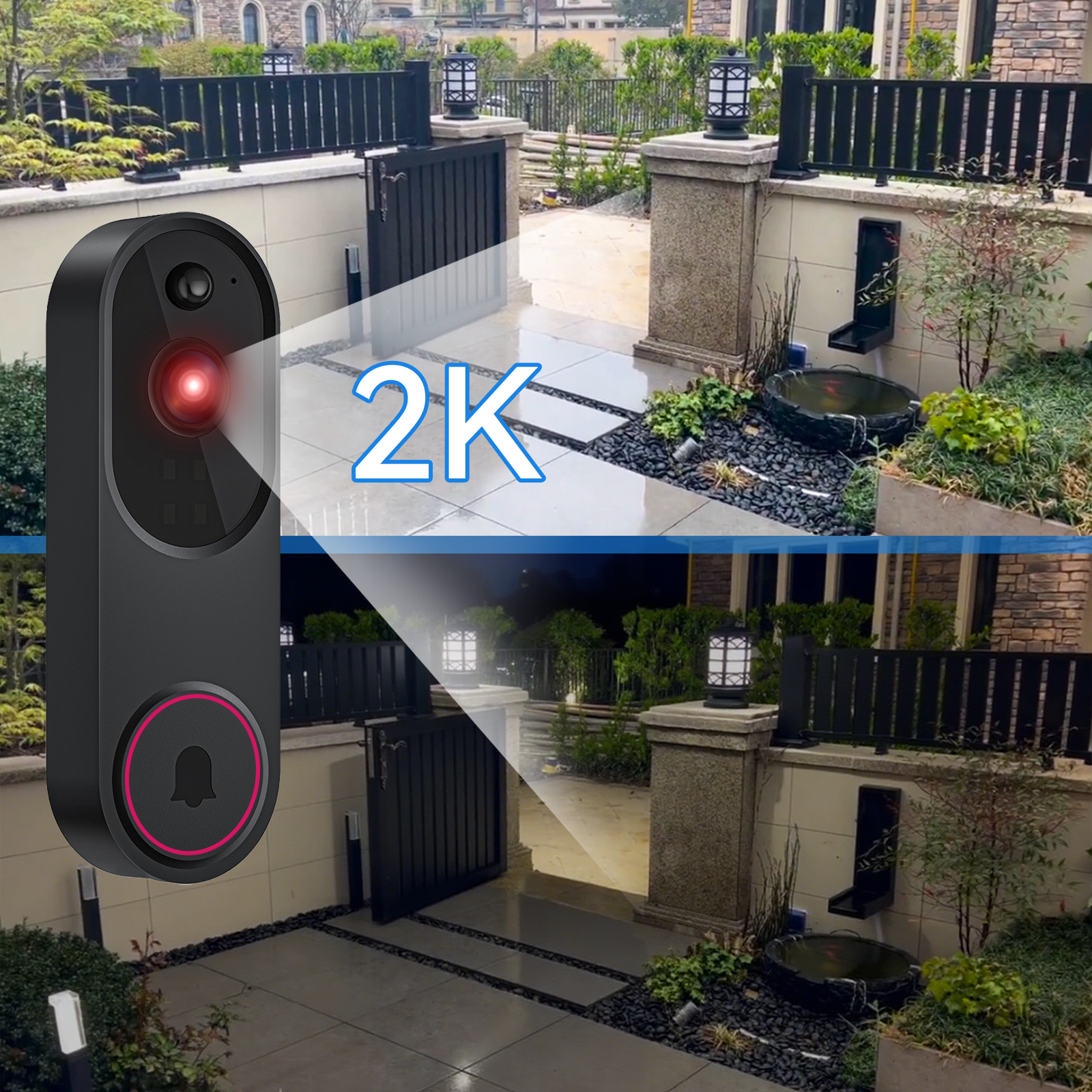 Outdoor Meacode Doorbell Camera with '2K' label on a scenic background
