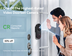 Advertisement for a video Meacode Doorbell with a couple looking through a glass door.