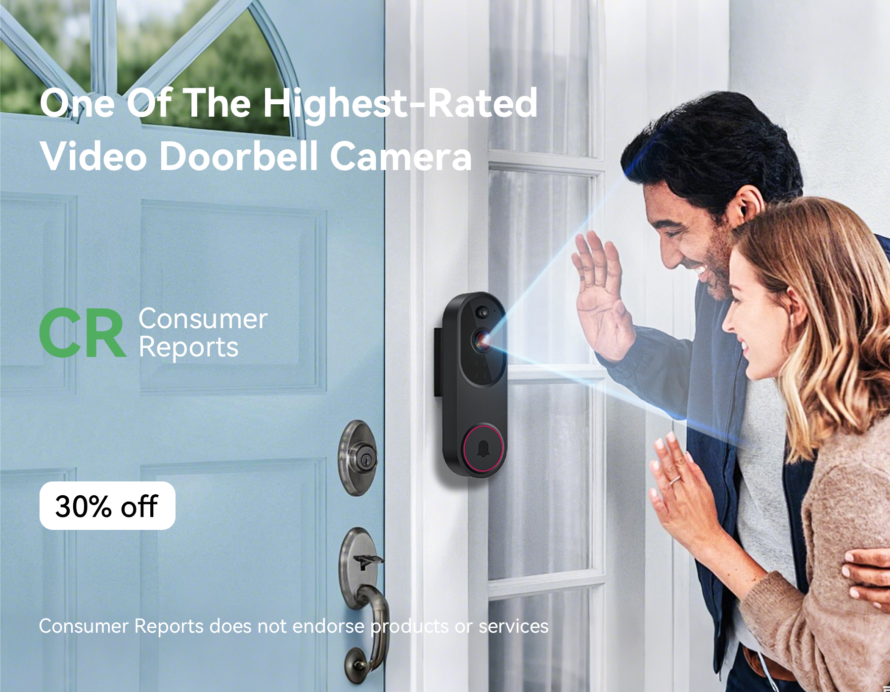 Advertisement for a video Meacode Doorbell with a couple looking through a glass door.