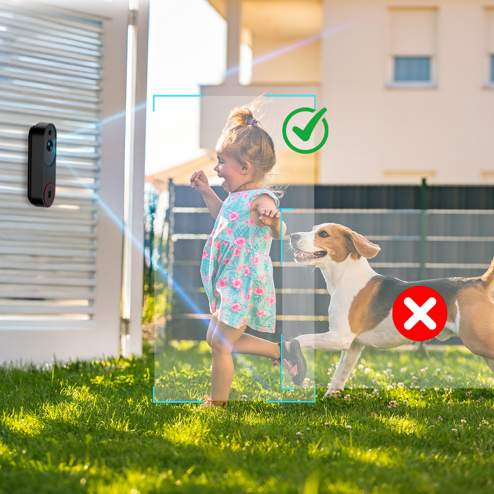 Child running with a dog in a grassy area, with a security Meacode Doorbell Camera and green check mark indicating safety.