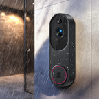 Smart Meacode Doorbell on a wall with raindrops, showing its water-resistant feature.