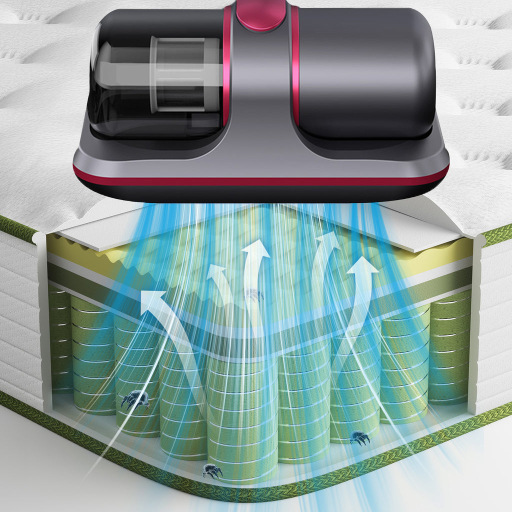 Vacuum cleaner head cleaning a mattress with visual representation of airflow.