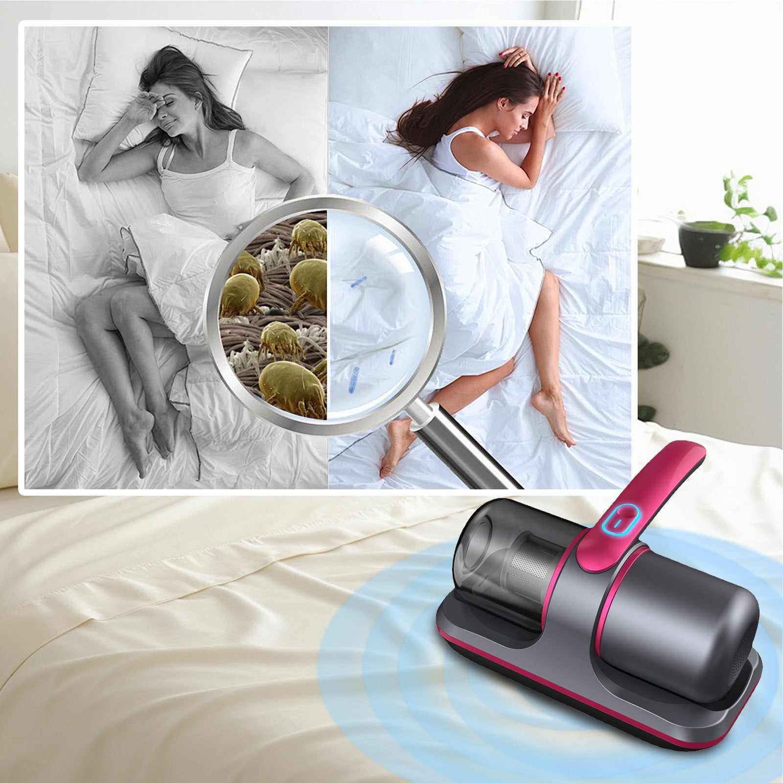 Collage showing a woman sleeping, bed bugs under a magnifying glass, and a Meacode Mite-Removing UV Vacuum Cleaner on a bed.