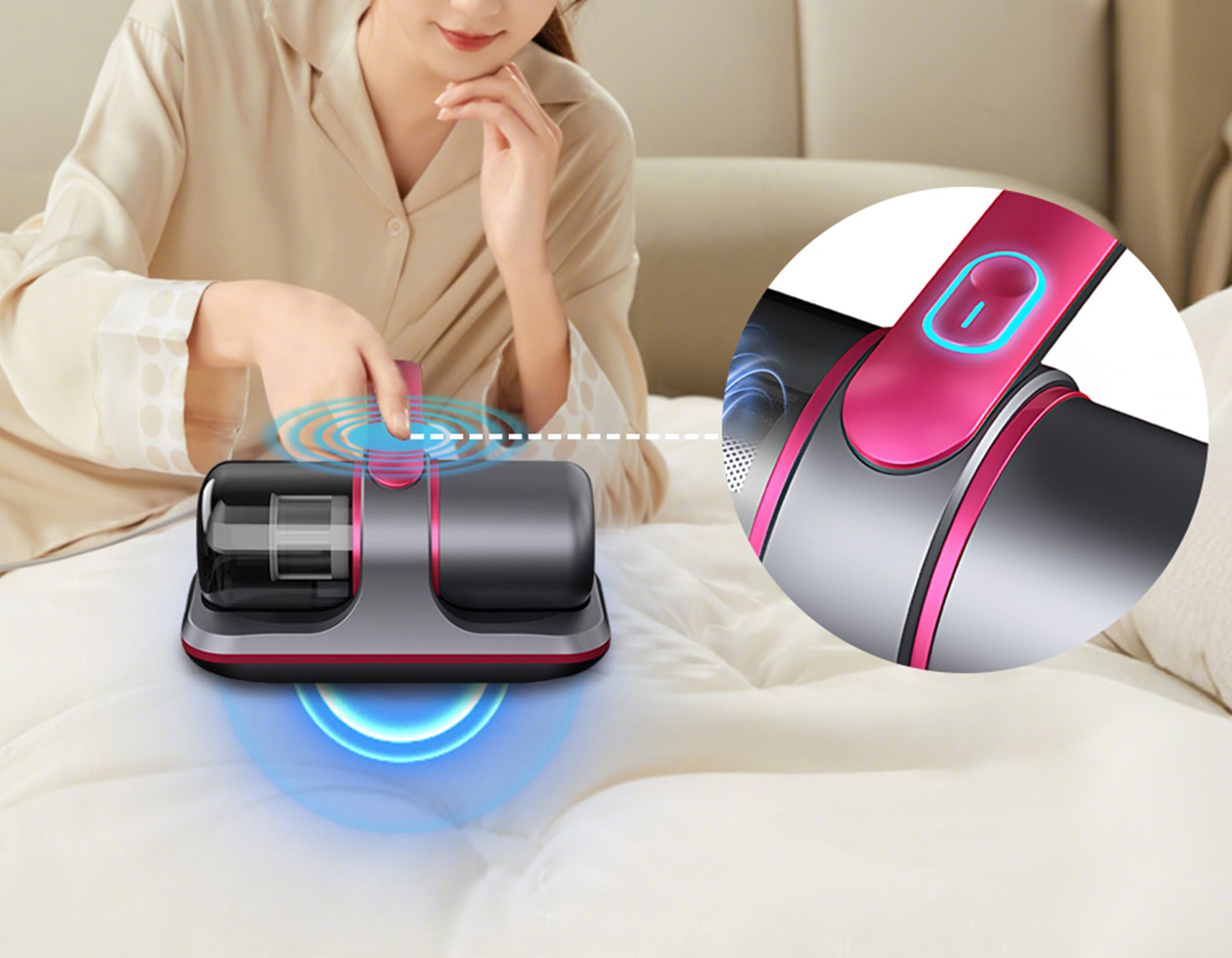 Person using a robotic Meacode Mite-Removing UV Vacuum Cleaner with close-up details on a light-colored surface.