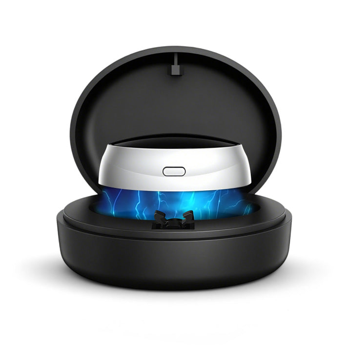 Black Meacode Smart Anti Snoring Device with blue light inside an open black case on a white background