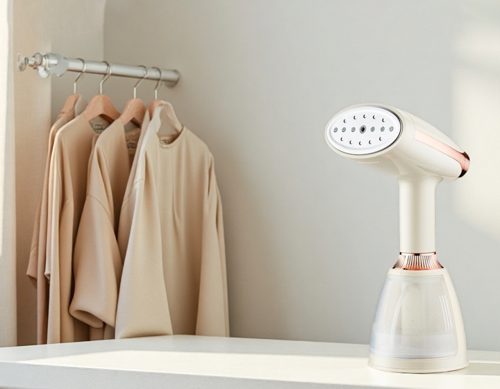 Meacode Steamer on a surface with beige clothing hanging in the background.