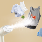 White shirt, gray tank top, and denim shorts with a Meacode Steamer cleaner on a beige background