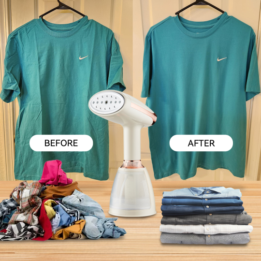 Before and after comparison of a green shirt using a Meacode Steamer ] on a wooden surface.