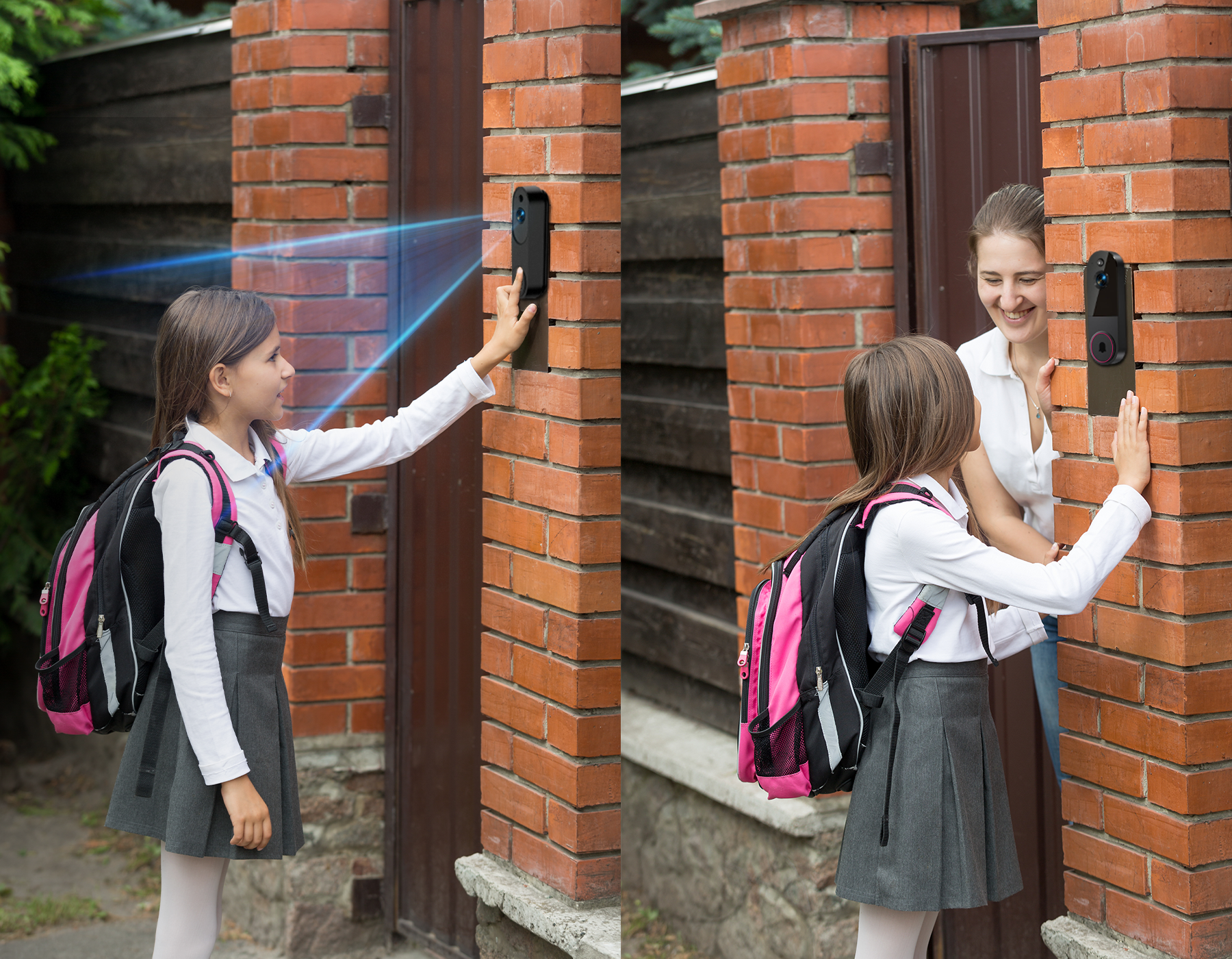 Two schoolgirls with backpacks interacting with a Meacode Video Doorbell Camera outside a brick building.