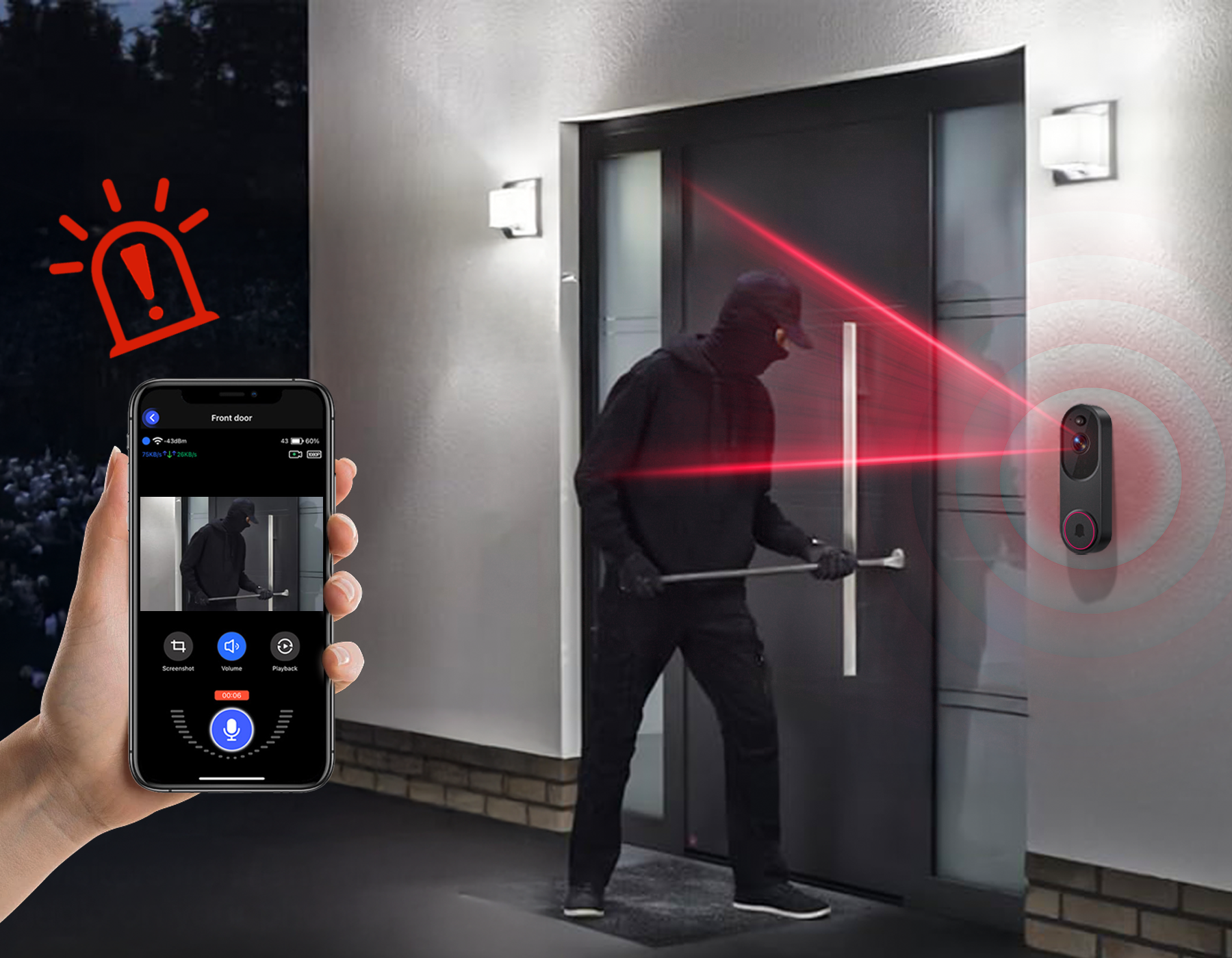 Person using a smartphone app to control a security sMeacode Doorbell Camera with a laser beam and camera setup on a door.