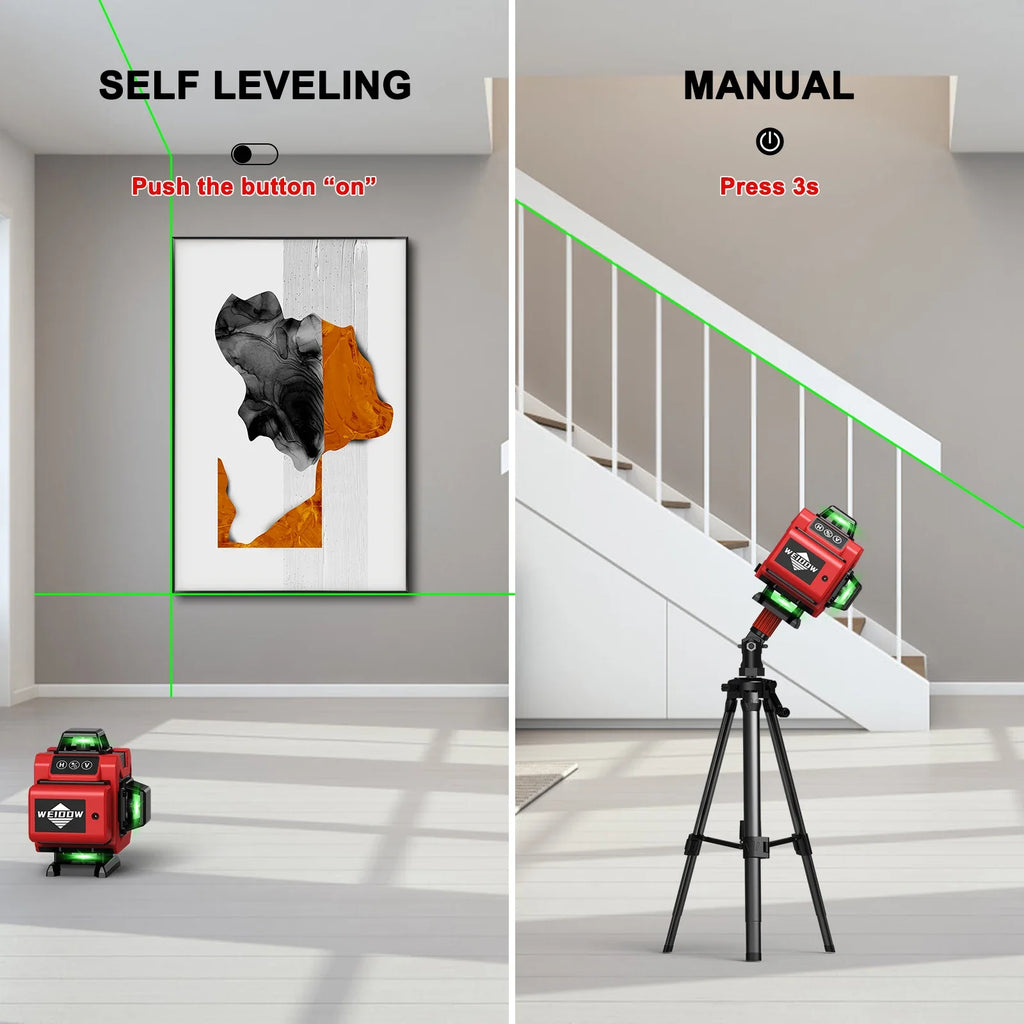 Two scenarios showing a Mektri laser level device with self-leveling and manual setup instructions.