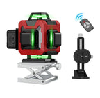 Red and black Mektri 4D 16-Line Laser Level with green beams, remote control, and adjustable stand on a white background