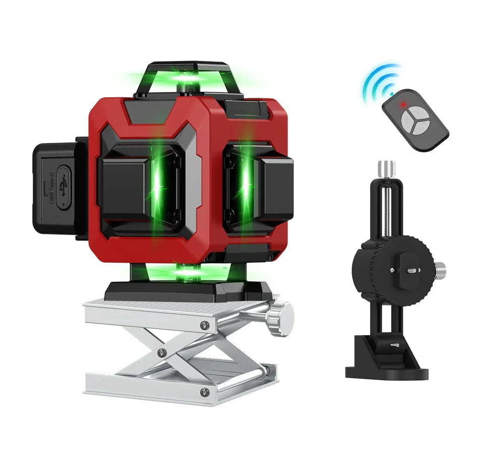 Red and black Mektri 4D 16-Line Laser Level with green beams, remote control, and adjustable stand on a white background