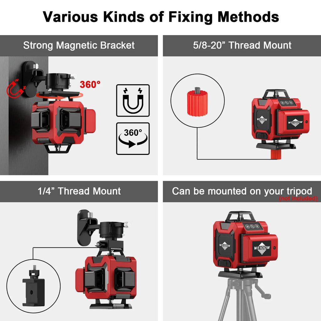 Diagram showing different fixing methods for a red laser level device.