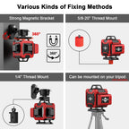 Diagram showing different fixing methods for a red laser level device.