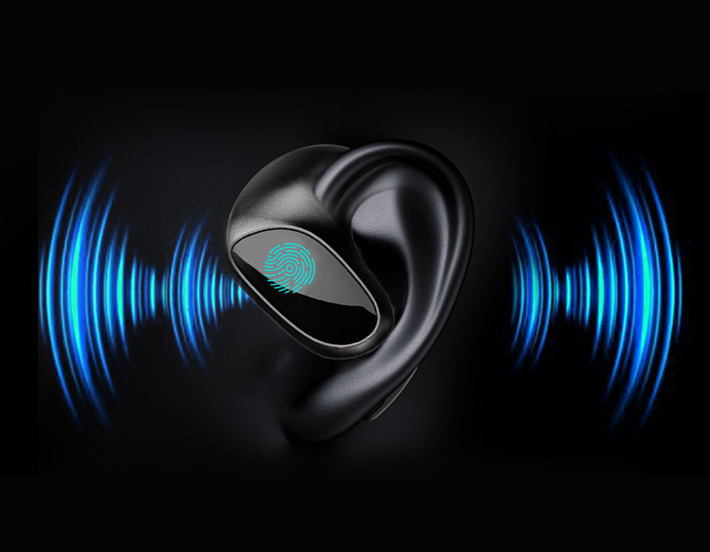 Black Mivrass AI Translation Earbuds
 with blue sound wave graphics on a dark background