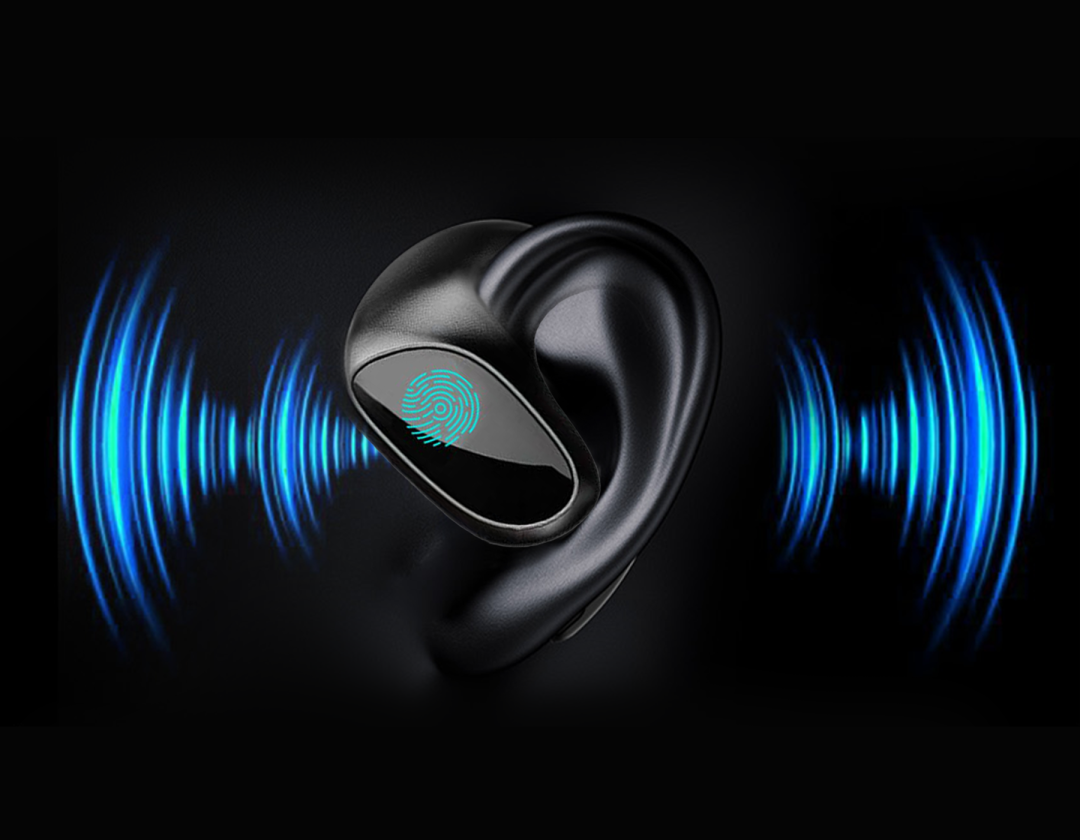 Black Mivrass AI Translation Earbuds
 with blue sound wave graphics on a dark background