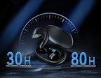 Black Mivrass AI Translation Earbuds
 with charging case on a dark background with blue text indicating battery life.