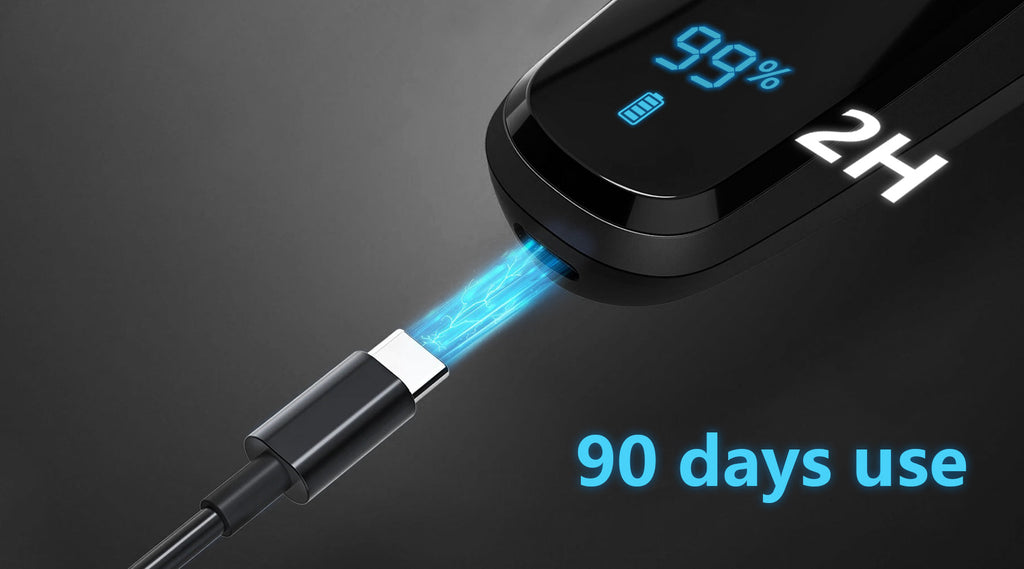 Electronic Mivrass Electric Shaver with a digital display and blue light on a dark background