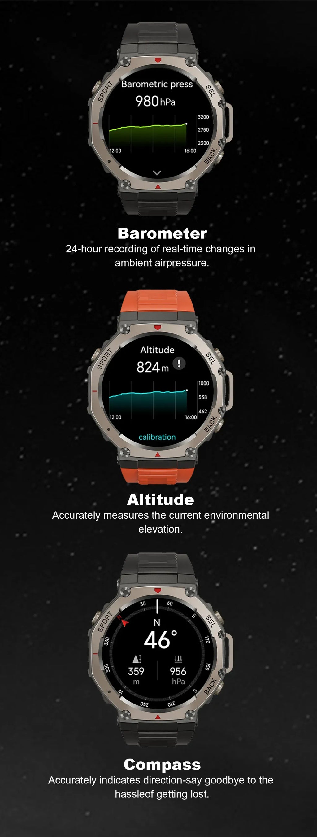 Three Mivrass GPS Sports Smartwatch displaying barometric pressure, altitude, and compass readings on a black background.