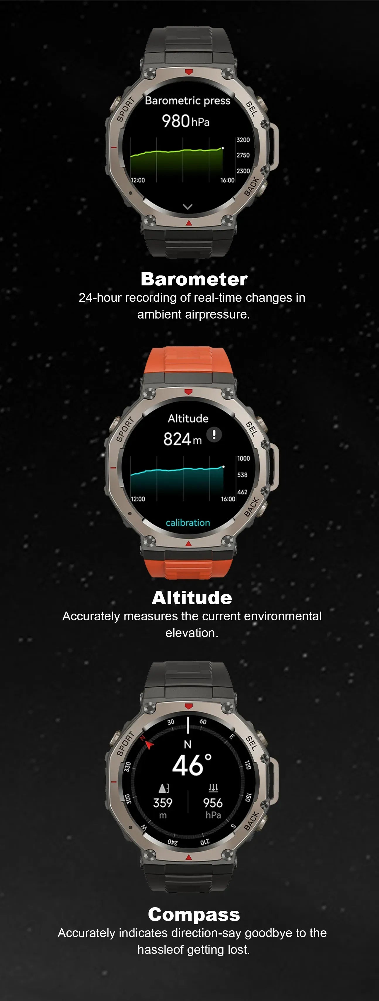 Three Mivrass GPS Sports Smartwatch displaying barometric pressure, altitude, and compass readings on a black background.