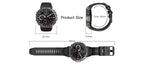 Black watch with measurements on a white background
