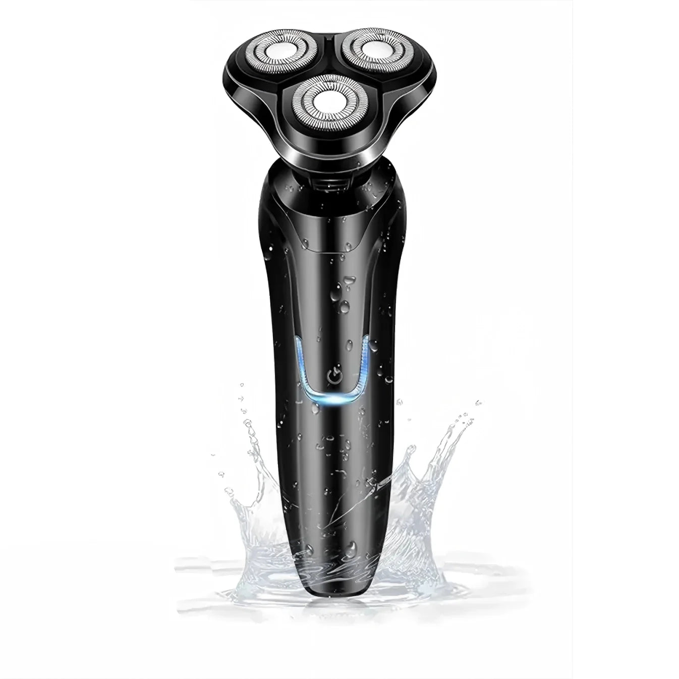 Black Mivrass Electric Shaver with water splashes on a white background