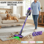 Woman using a purple Miwa Comfort Clean Cordless Vacuum in a living room with a dog on a couch.