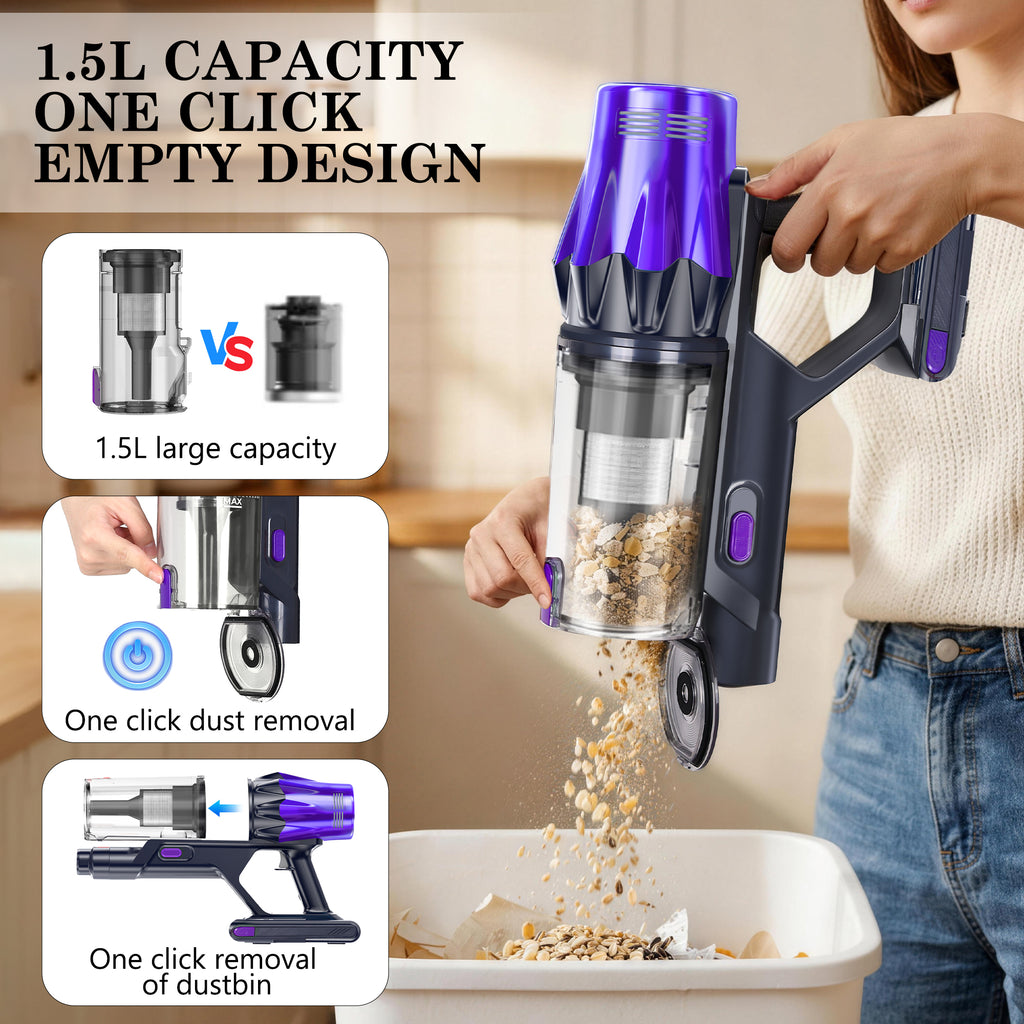 Handheld Miwa Comfort Clean Cordless Vacuum with 1.5L capacity and one-click empty design features, held by a person.