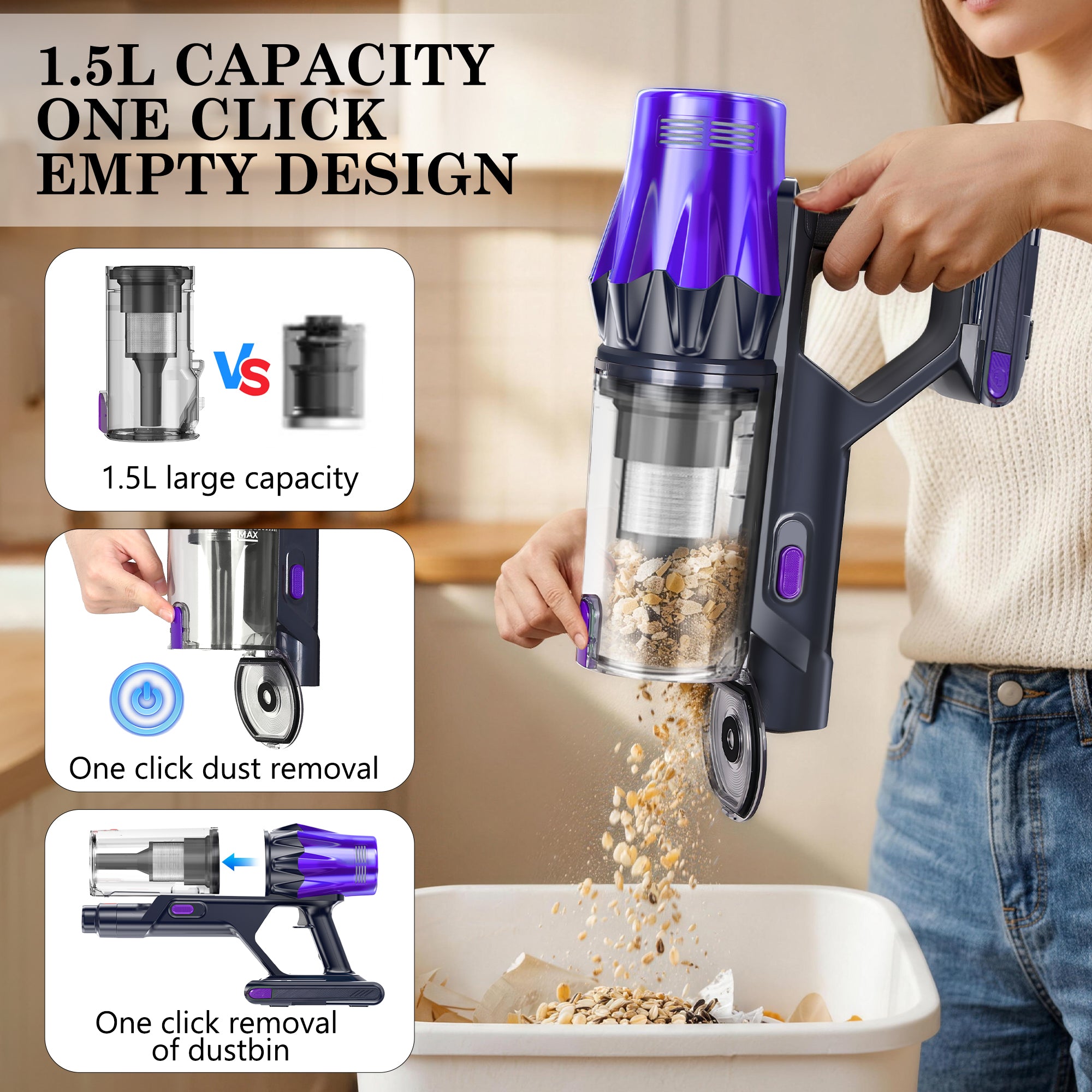 Handheld Miwa Comfort Clean Cordless Vacuum with 1.5L capacity and one-click empty design features, held by a person.