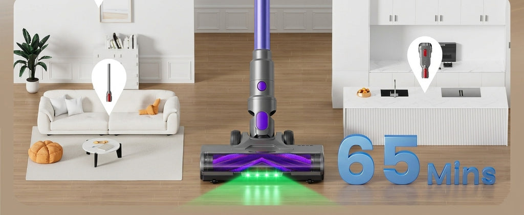 A Miwa Comfort Clean Cordless Vacuum with a purple and gray body is shown in a bright modern living room and kitchen setting, with a green light beam projected from the floor head. Large blue text on the right reads '65 Mins'.