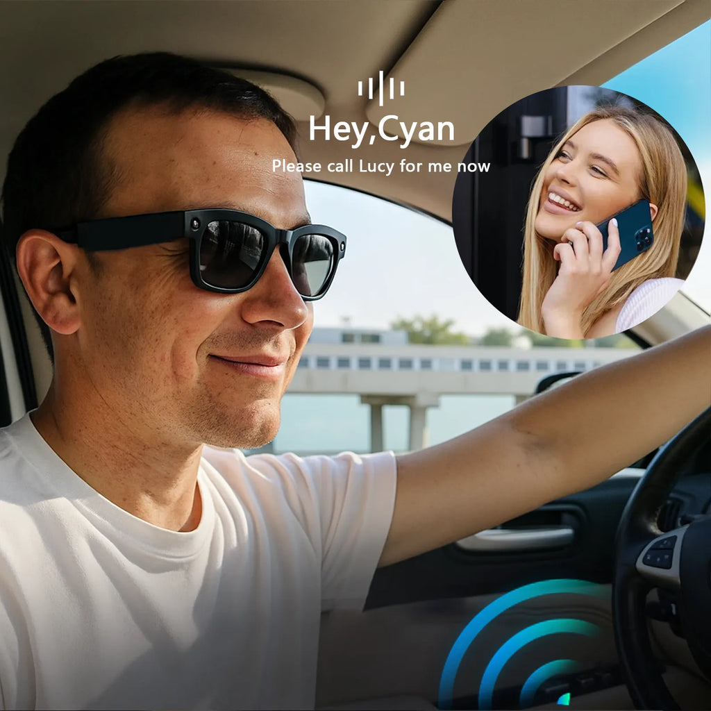 Man driving a car with a phone call inset showing a woman, with 'Hey, Cyan' branding.