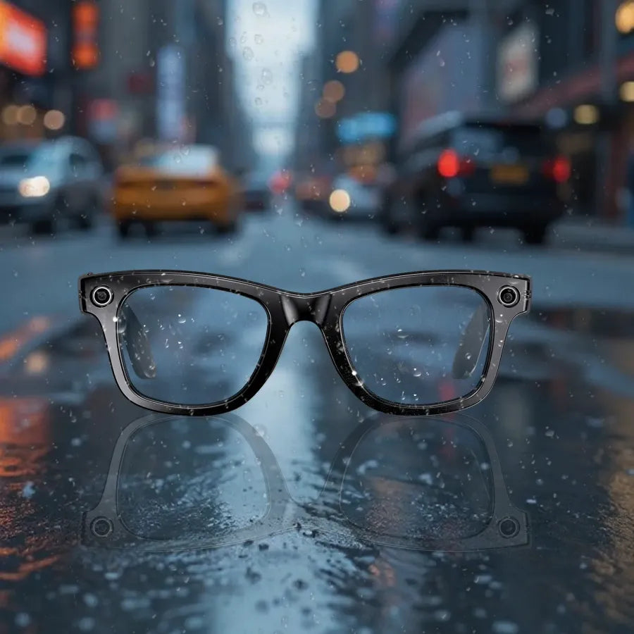 Black-framed Mizeel AI Smart Glasses on a wet street with a cityscape in the background