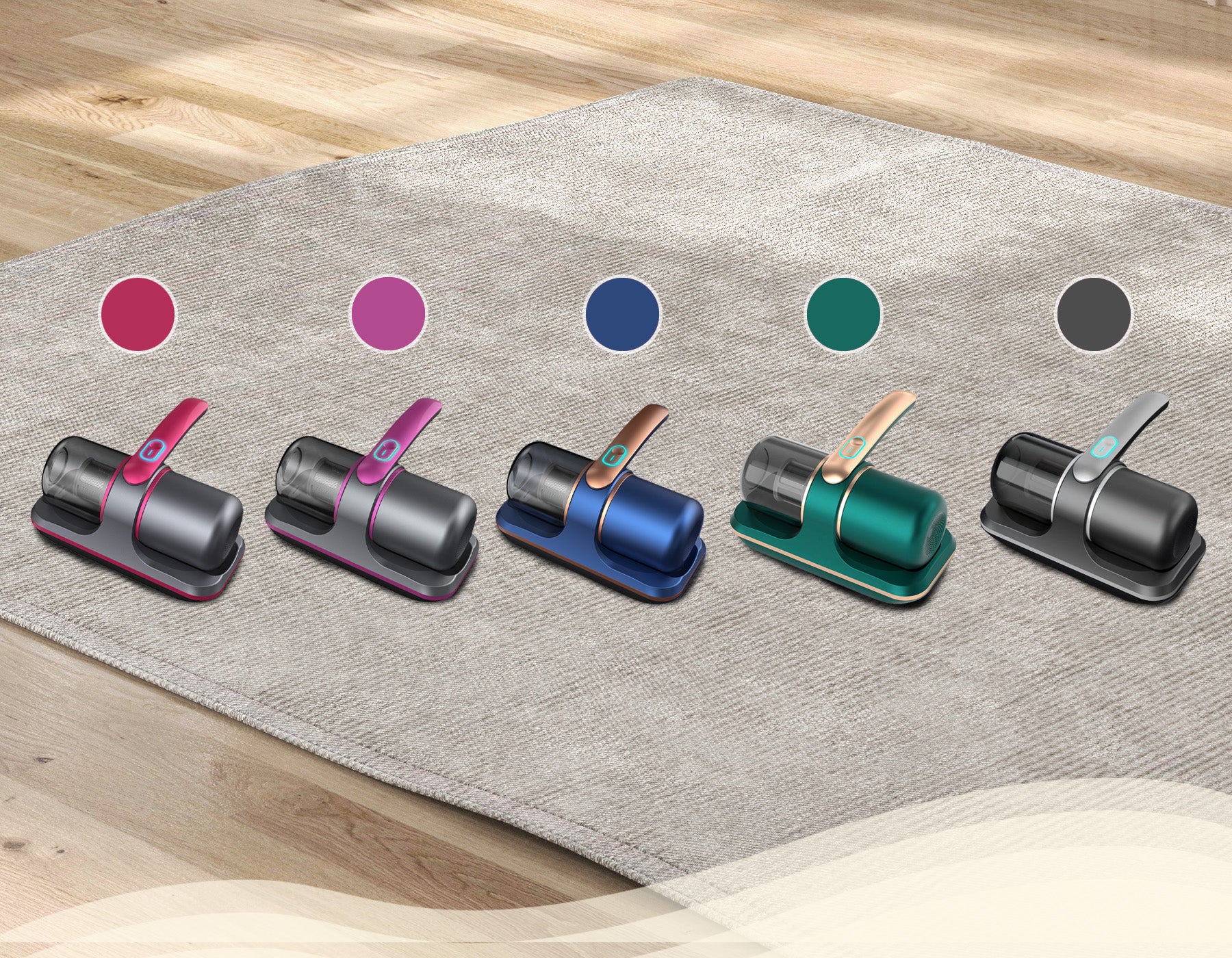 Set of five colorful Mizeel Mattress Vacuum on a textured surface with color swatches above.