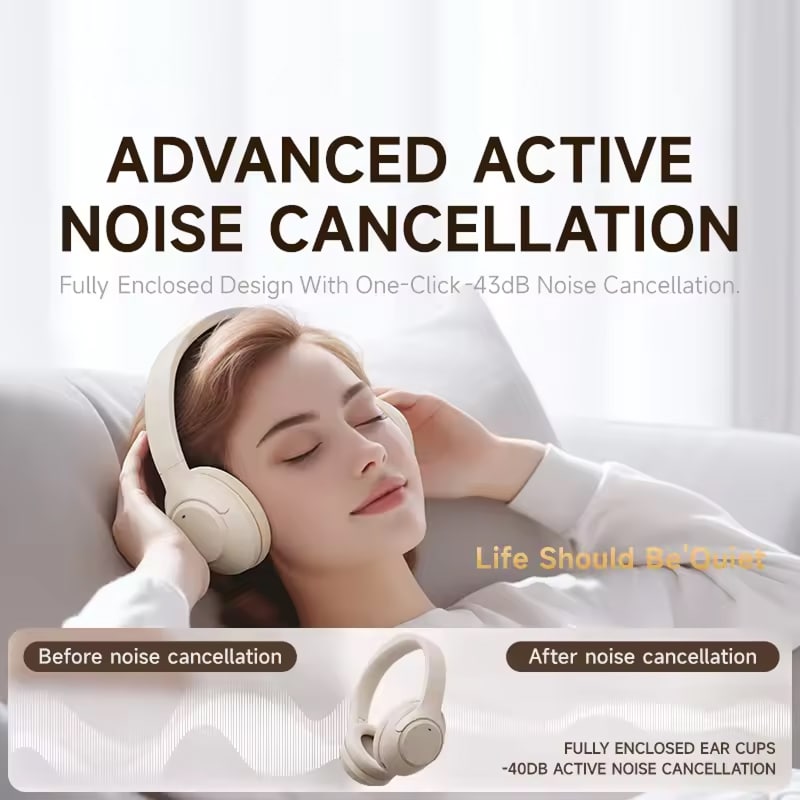 Person wearing Mufflyon Noise Canceling Headphones with text about advanced active noise cancellation