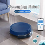 A blue NestikDust Robot Vacuum is shown on a tiled floor in a living room setting, with a smartphone app control screen displayed beside it. Large text reads 'Sweeping Robot' and 'APP intelligent planning,' with simple graphic overlays suggesting wireless connectivity and cleaning coverage.