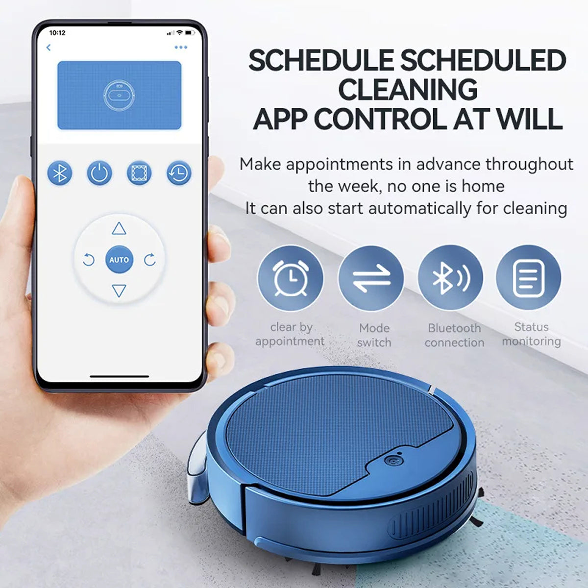 Blue NestikDust Robot Vacuum with smartphone app control on a light background