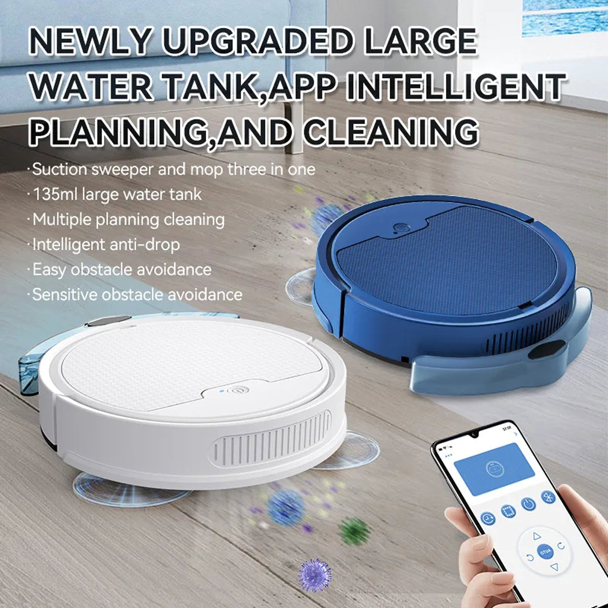NestikDust Robot Vacuum with large water tank, app intelligent planning, and cleaning features on a wooden floor.