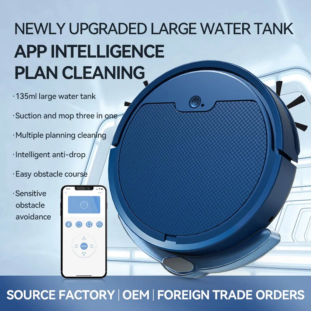 Blue NestikDust Robot Vacuum with smartphone app on a light blue background