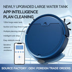 Blue NestikDust Robot Vacuum with smartphone app on a light blue background