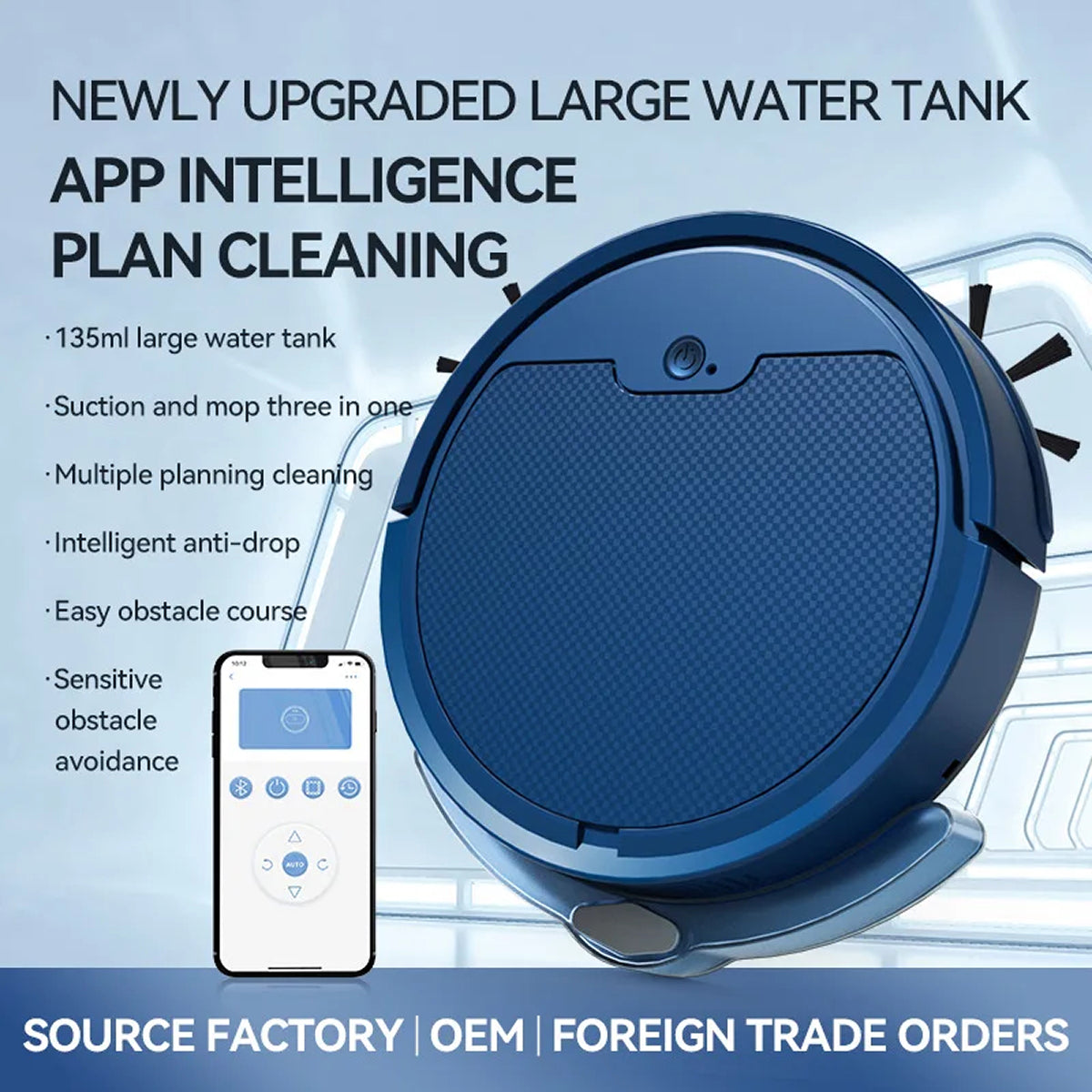 Blue NestikDust Robot Vacuum with smartphone app on a light blue background
